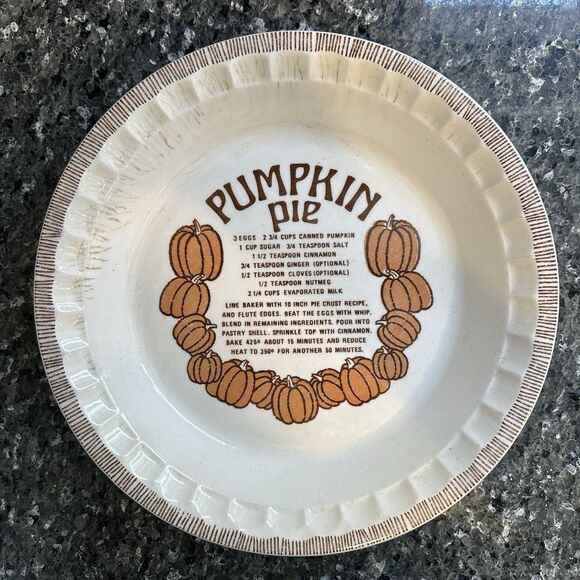 Vtg 80s Royal China Pumpkin Pie Recipe Ceramic Dish 11" USA Country Harvest Bake - Picture 1 of 8